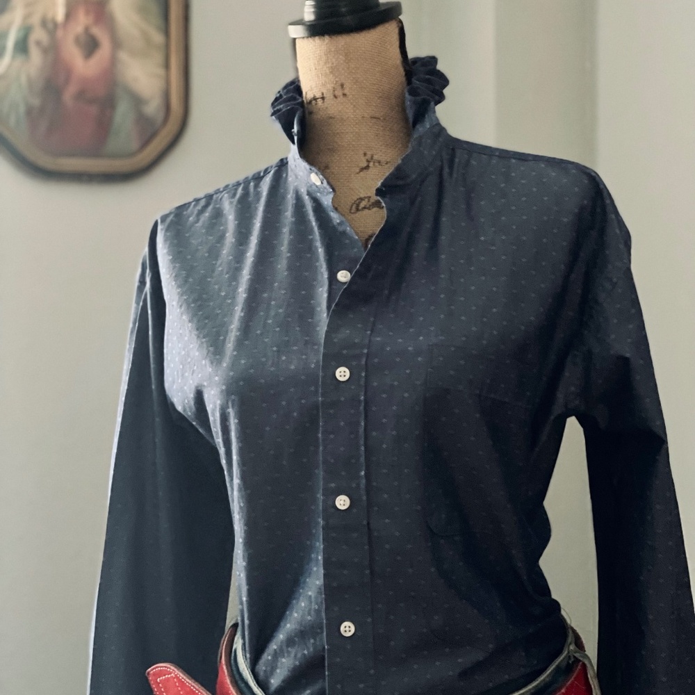 Timeless Reworked Men's to Ladies Chambray Ruffle Collar Long Sleeve Button Down